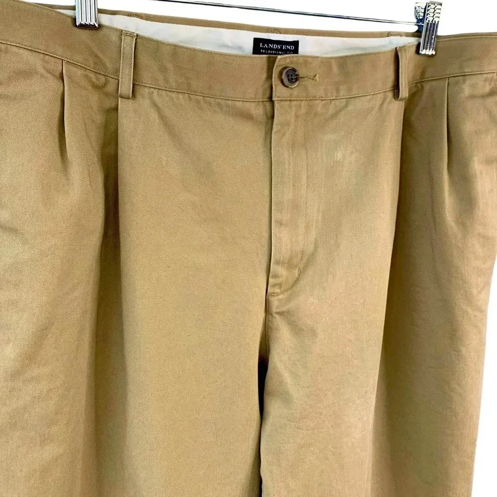 Lands' End Traditional Fit Pleated Chino Pants Men Size 38 Khaki Straight Leg